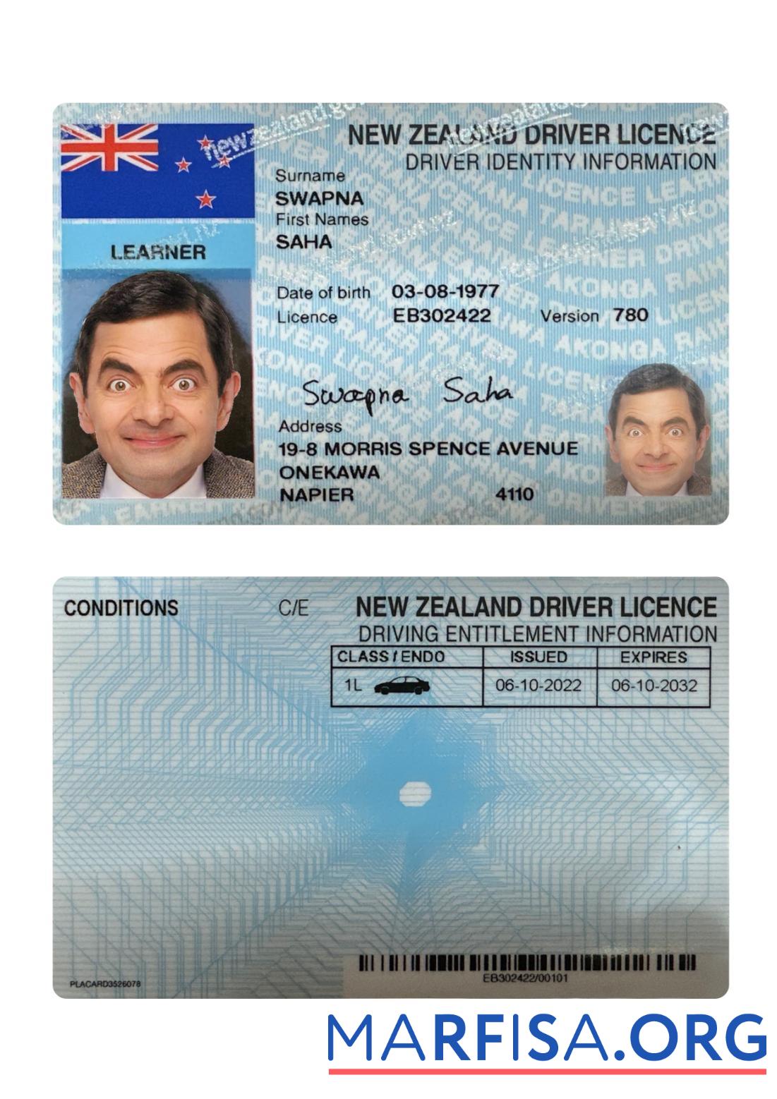 Blank New Zealand driving license 2022 present real example